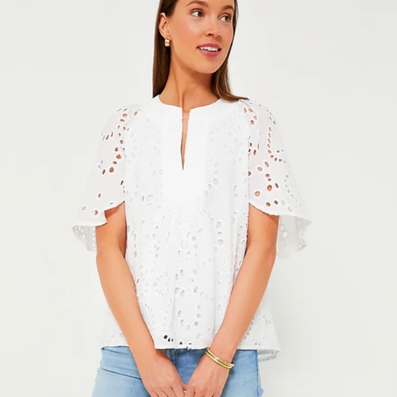 TUCKERNUCK White Eyelet Finley Flutter Sleeve Top - Picture 2 of 6